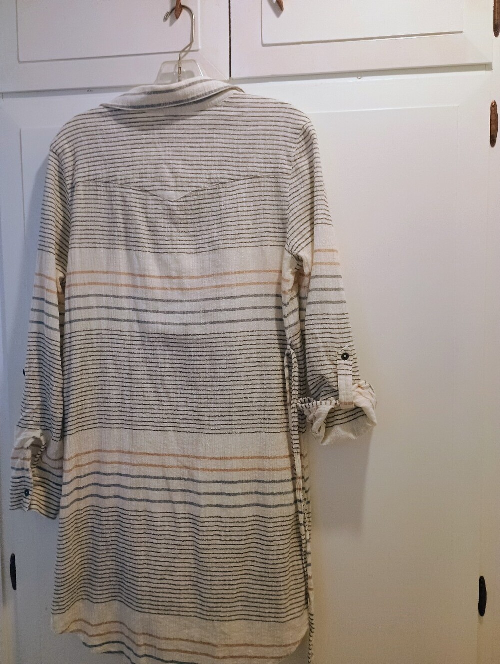 Roxy Striped Button-Front Shirt Dress in Cream and Blue - 100 Cotton - Picture 4 of 7
